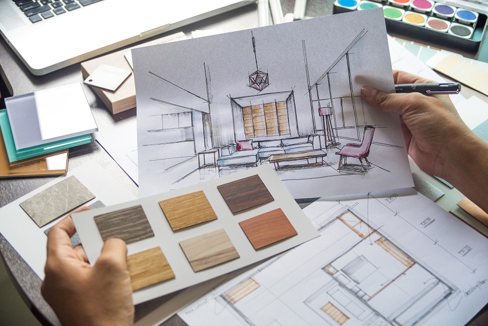 Paper sketch of a family room home renovation project