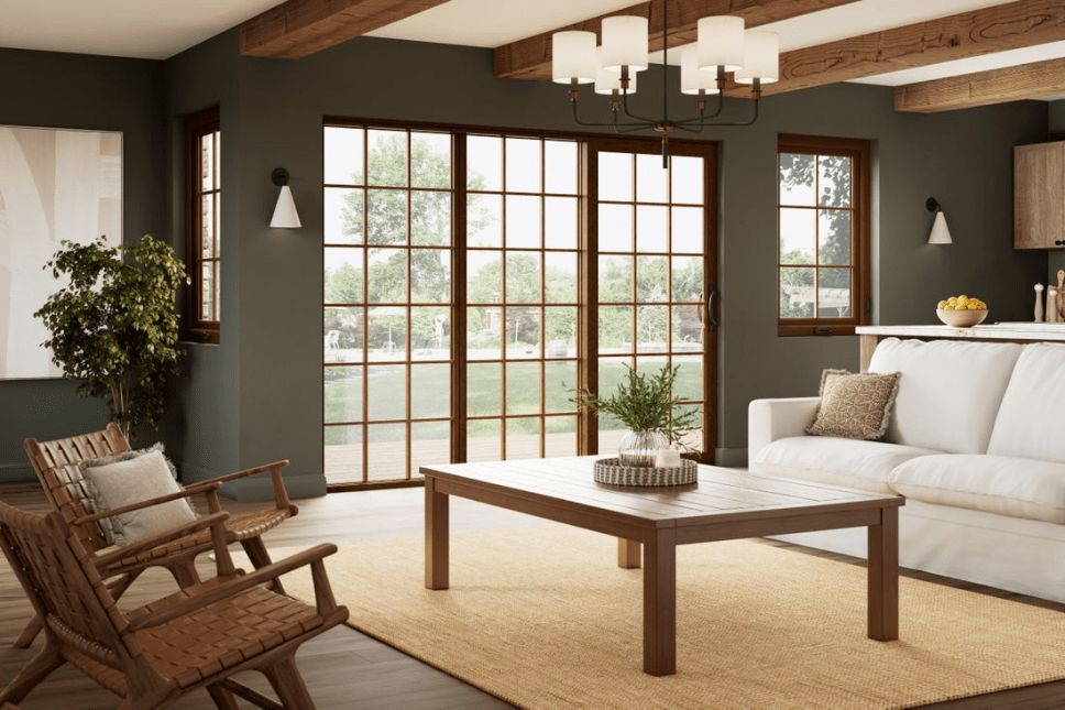 Living room of home with wood-clad windows and patio door shown.